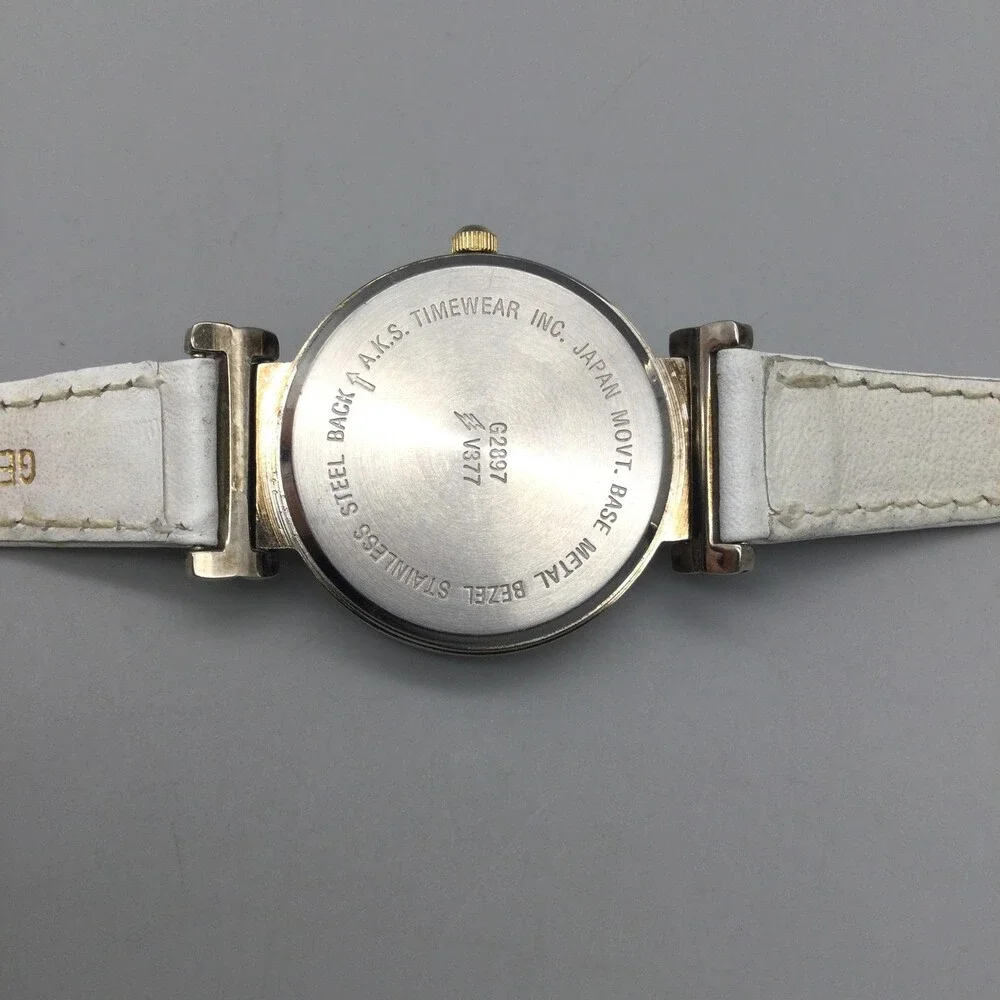 Vintage Gitano Womens Watch 30mm Skeleton Gold Dial White Leather New Battery